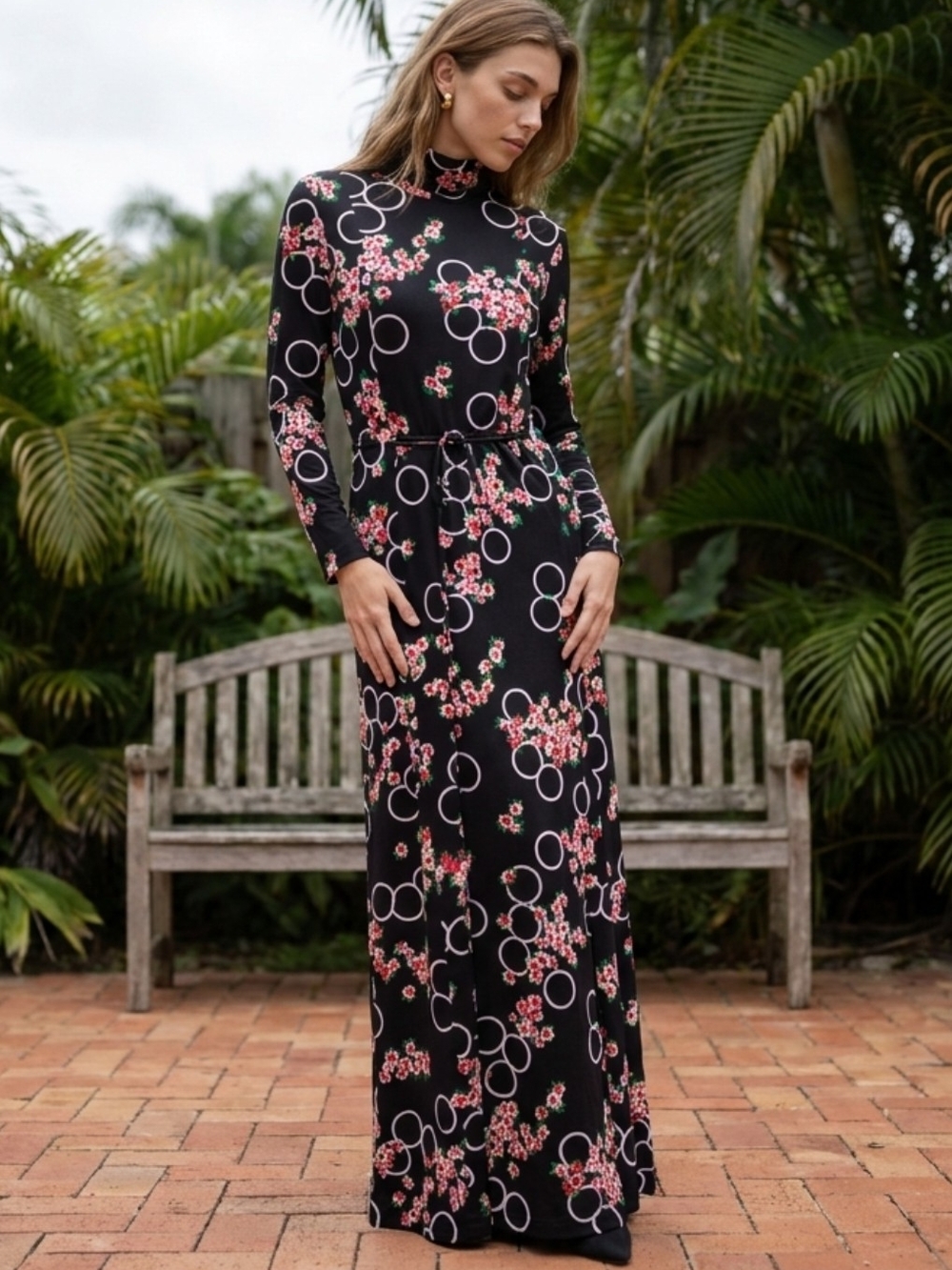 Vintage Black Floral Print Maxi Dress with Pink Accents